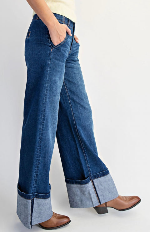 High-Rise Cuffed Wide Leg Jeans