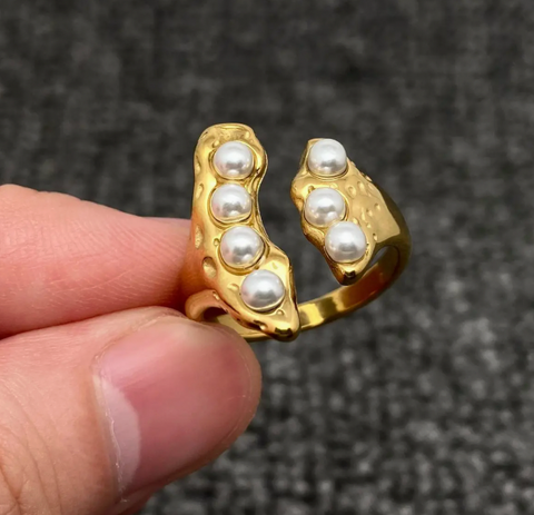 Inlaid Pearl 18K Gold Plated Ss Geometric Ring