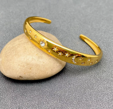 Inlaid Sun Moon Star 18K Gold Plated Cuff
