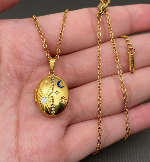 Star Moon Locket Charm 18K Golden S.Steel Necklace