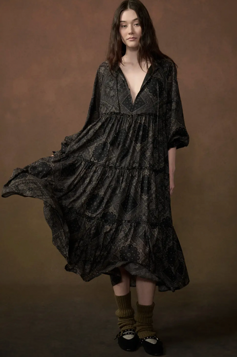 Bandana-Print Tiered Ruffle Long-Sleeve Midi Dress