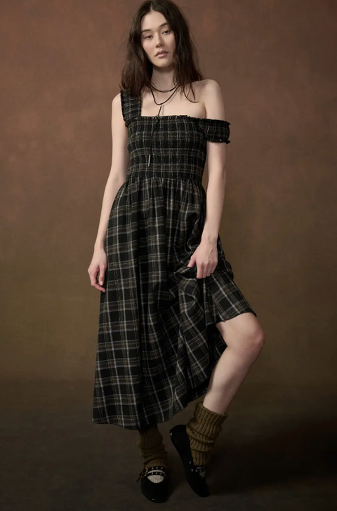 Plaid Smocked Square-Neck Fit-And-Flare Midi Dress