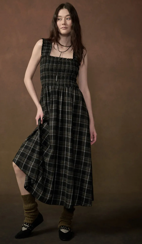 Plaid Smocked Square-Neck Fit-And-Flare Midi Dress