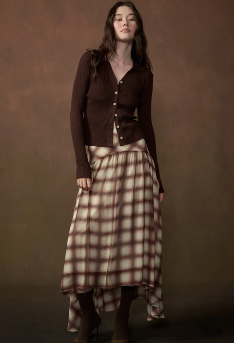 Plaid-Print Chiffon Layered Drop-Waist Maxi Skirt