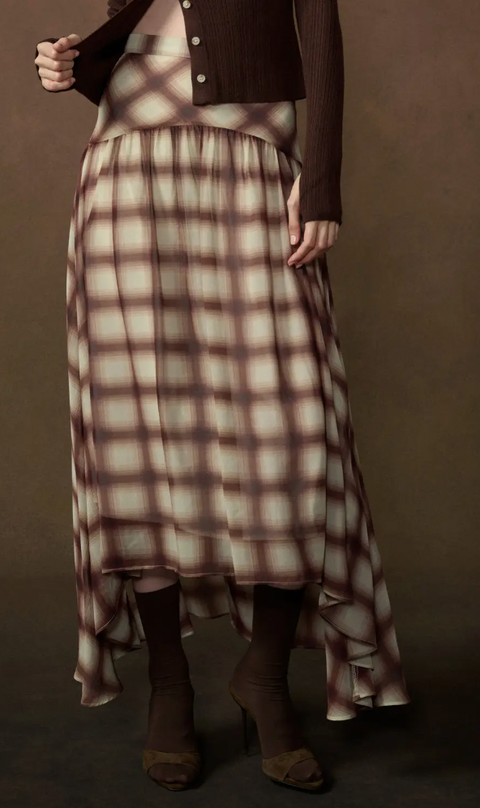 Plaid-Print Chiffon Layered Drop-Waist Maxi Skirt