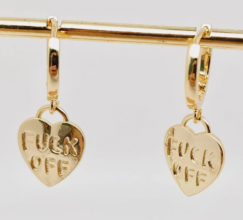 "Fuck Off" Heart-Shaped Huggie Earrings