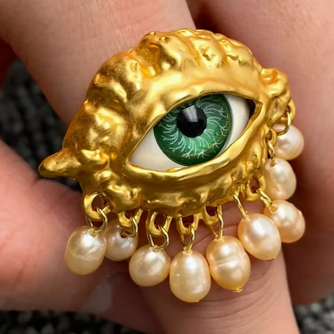Vintage Pearl Evil Eye Adjustable Ring