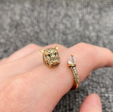 Vintage Rhinestone Leopard Head Adjustable Ring