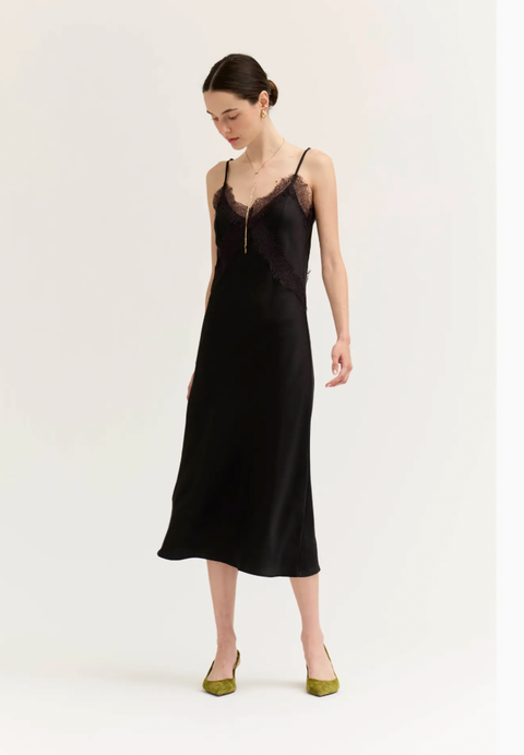 Lace Detailed Midi Satin Dress