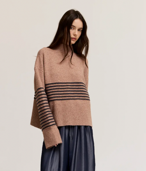 High Neck Stripe Wide Hem Sweater