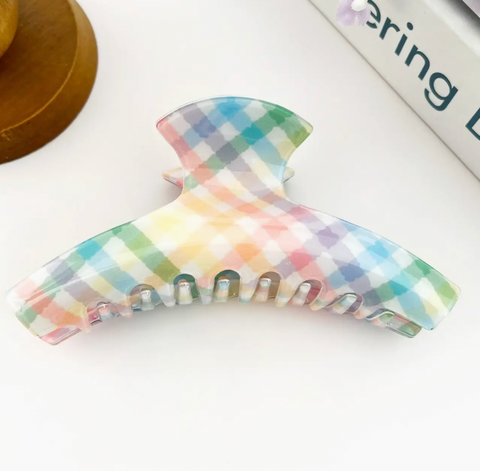Glossy Rainbow Plaid Hair Claw Clip