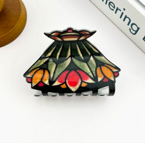 Vintage Floral Stained Glass Lamp Shade Acrylic Hair Claw
