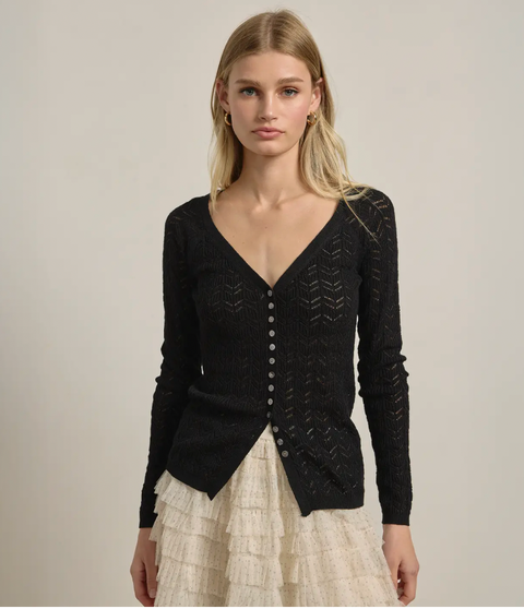 Pointelle Button-Up Knit Cardigan