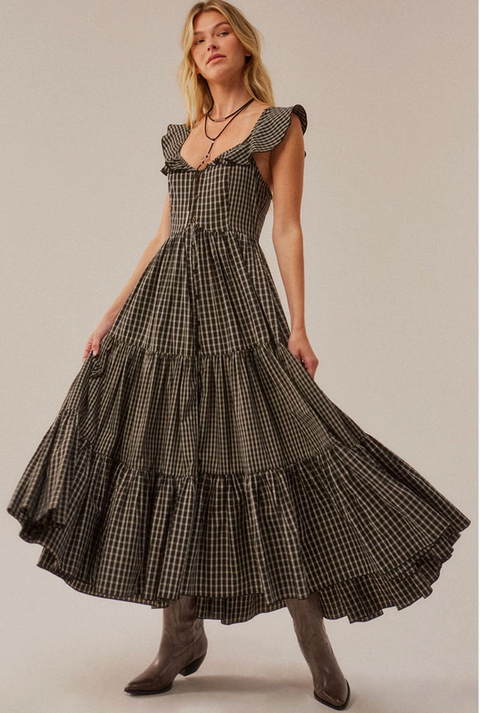 Plaid Button-Up Tiered Midi Dress