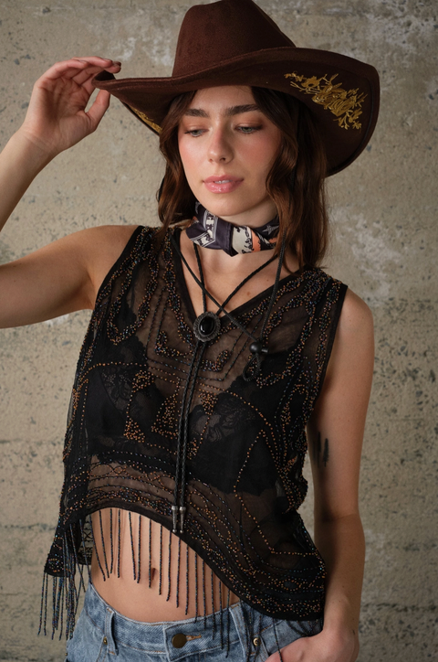 Sequin Mesh Fringe Top