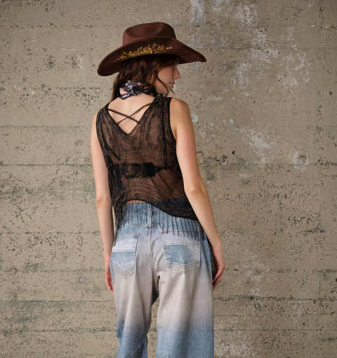 Sequin Mesh Fringe Top