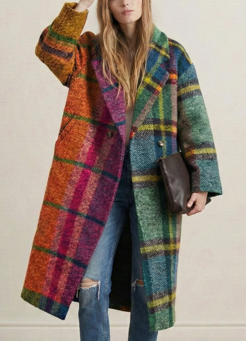 Long Color Plaid Wool Coat