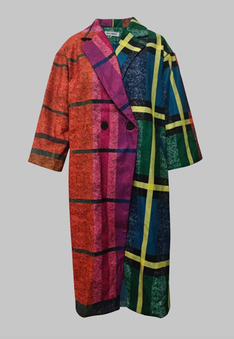 Long Color Plaid Wool Coat