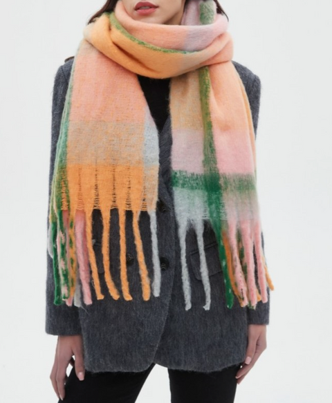 Plaid Color-Block Tassel Shawl Scarf