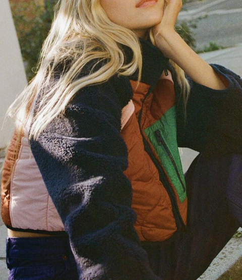 Retro Quilted Colorblock Jacket with Green Pocket