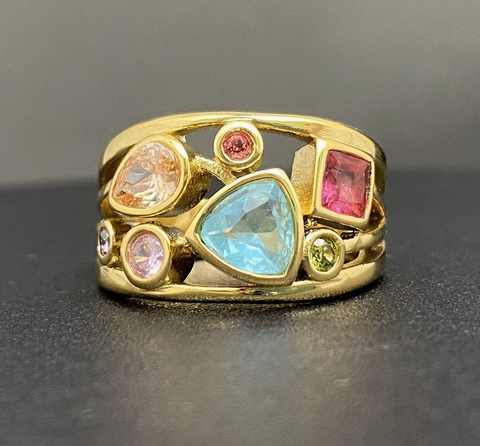 Multi-Color Zircon Linlaid Hollow 18K Golden S.Steel Ring