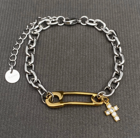 Cross Pin Charm 18K Gold Plated Stainless Steel Bracelet