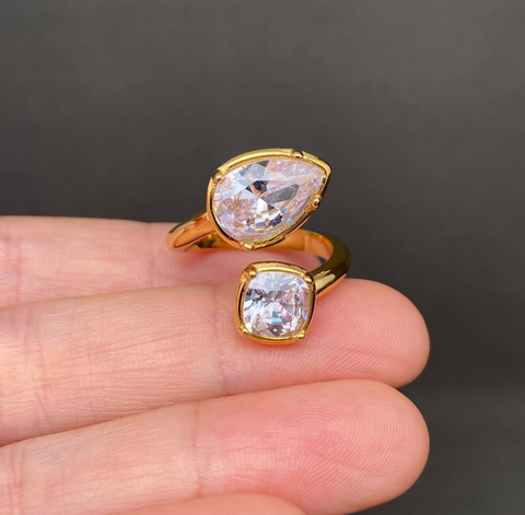 Double Zircon 18K Gold Plated Stainless Steel Ring