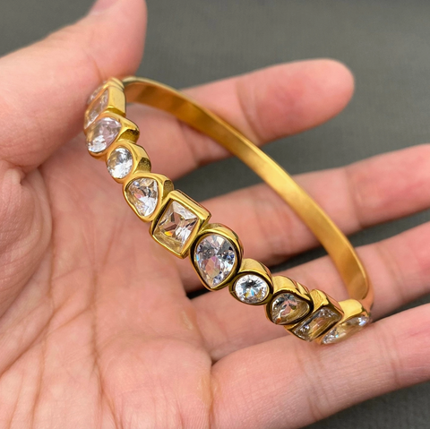 Geometric Zircon Inlaid 18K Gold-Plated S.Steel Bangle