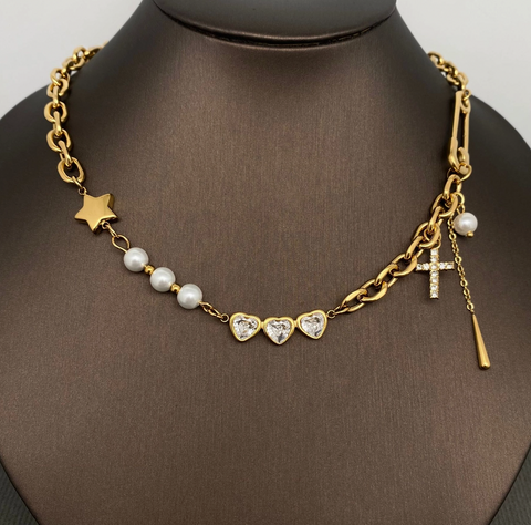 Heart & Star & Cross 18K Gold Plated Charm Necklace