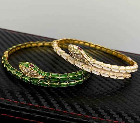 Rhinestone Inlaid Enamel Snake 18K Gold Plated Cuff Bangle