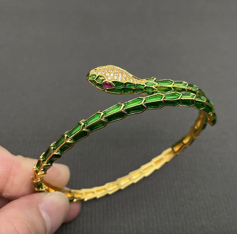 Rhinestone Inlaid Enamel Snake 18K Gold Plated Cuff Bangle
