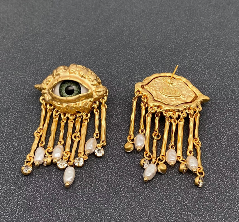 Evil Eye Tassel Pearl Earrings