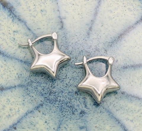 Silver Puffy Star Huggie Hoop Earrings