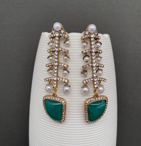 Vintage Rhinestone Inlaid Green Jade Fishbone Earrings