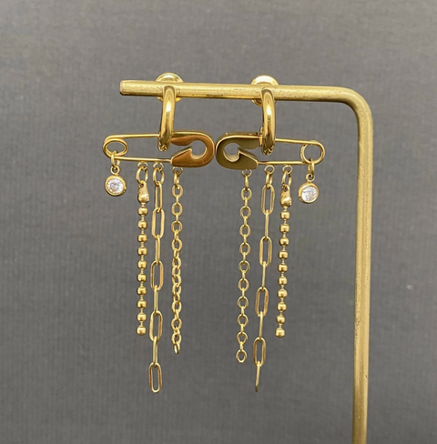 Safety Pin Chain Tassel Pin 18K Gold Plated Earrings