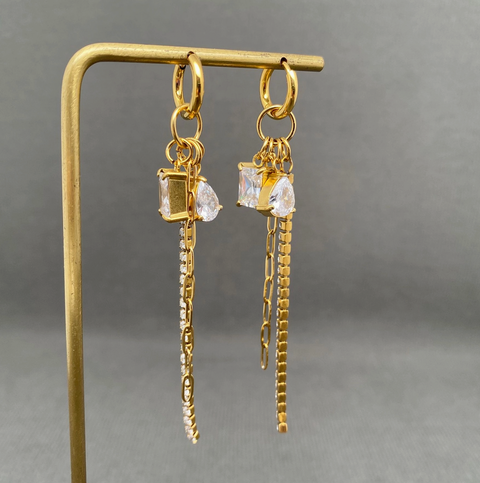 Zircon Inlaid Rhinestone Tassel Gold Plated Huggie Earrings