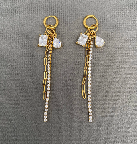Zircon Inlaid Rhinestone Tassel Gold Plated Huggie Earrings