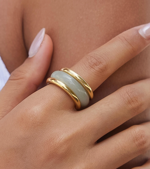 Moss 18K Gold Non-Tarnish Green Aventurine Stone Ring Set