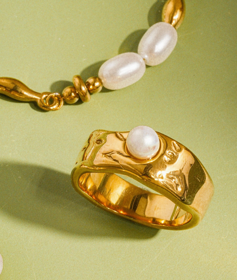 Pave Gold Pearl Band Ring
