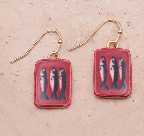 Tin of Sardines Fish Print Red Gold Earrings
