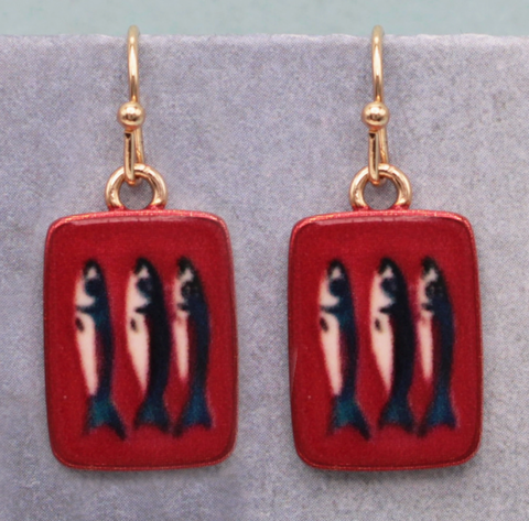 Tin of Sardines Fish Print Red Gold Earrings