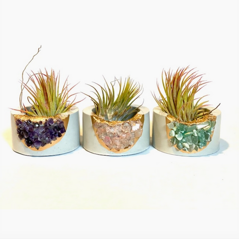 Plant on Me Round Crystal Concrete Planter - green aventurine