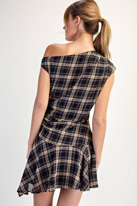 Plaid Woven Asymmetrical Hem Mini Dress