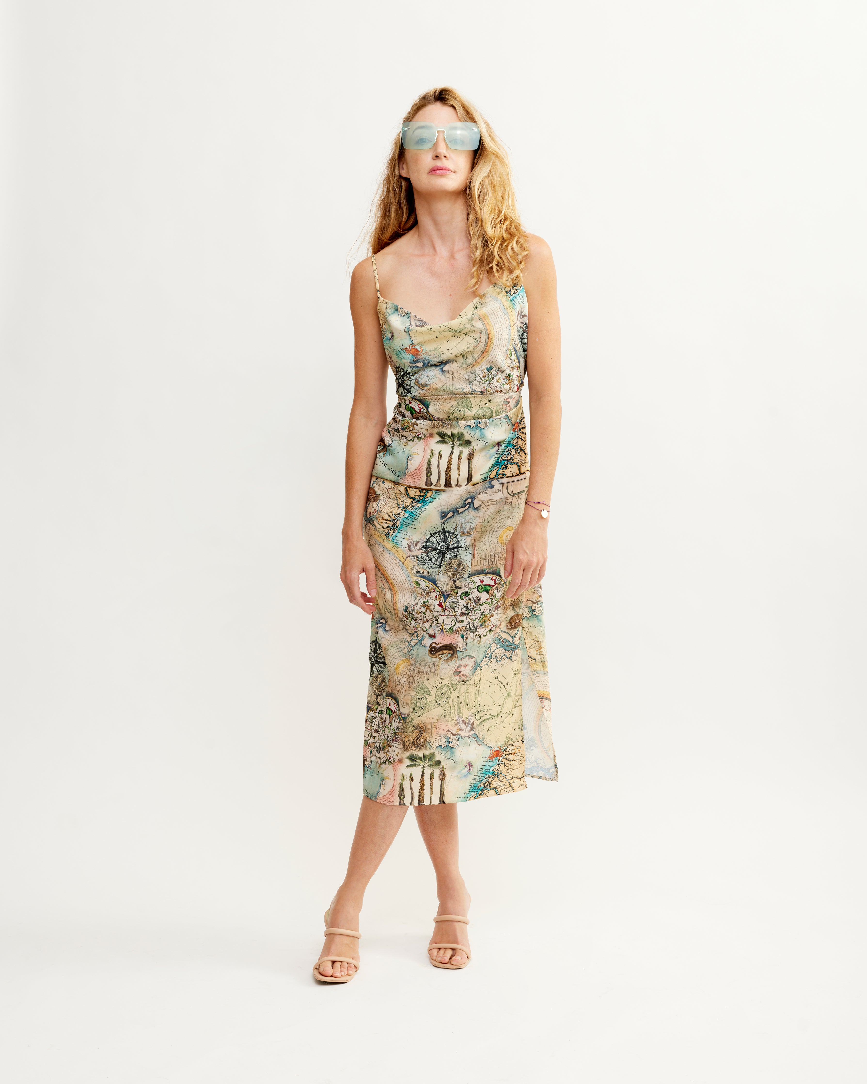 Satin floral cowl shop flute hem slip dress