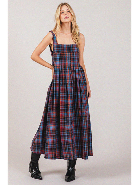 Plaid Cotton Square Neck Smocking Back Midi Dress