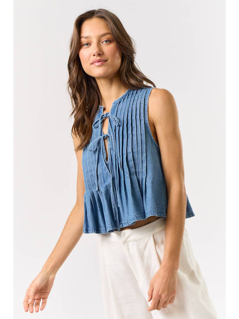 Front Tie Pleated Top- Denim