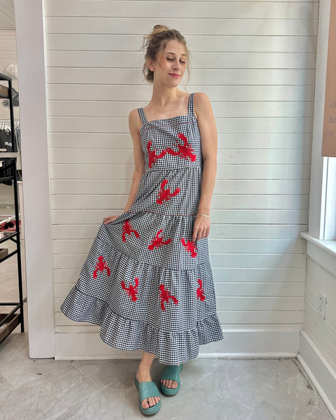 Embroidered Lobster Gingham Tiered Dress