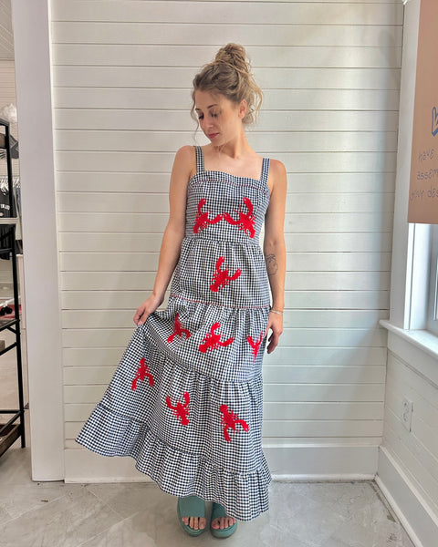 Embroidered Lobster Gingham Tiered Dress