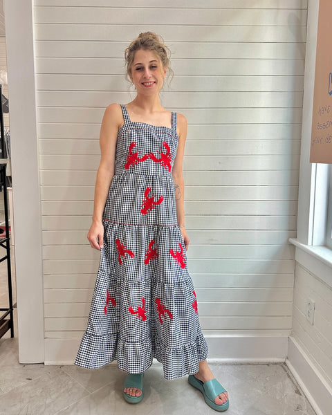 Embroidered Lobster Gingham Tiered Dress