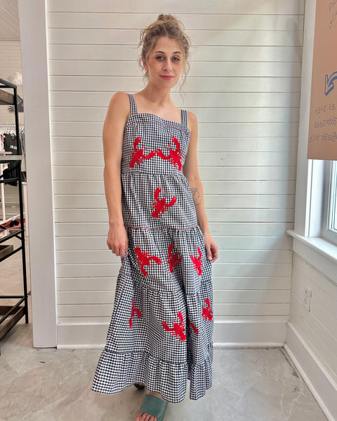 Embroidered Lobster Gingham Tiered Dress